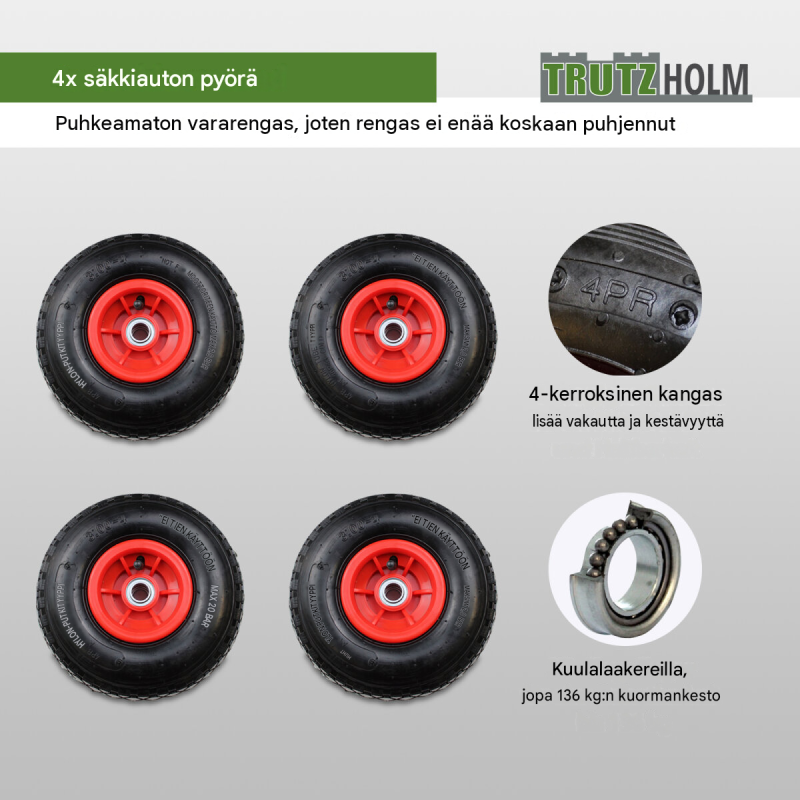 TRUTZHOLM säkkikärryn pyörät 4 kpl, 260 x 85 mm, 3.00-4, muovivanne