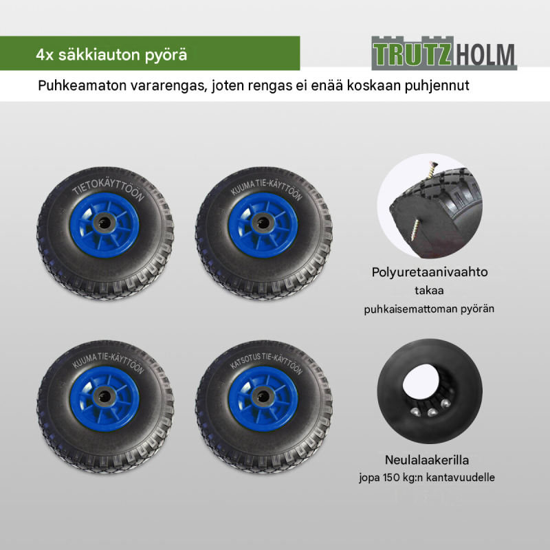 Säkkikärryn pyörät 4 kpl, puhkeamaton PU, 260 x 85 mm, 3.00-4, 20 mm akseli