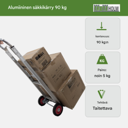 Taitettava alumiininen säkkikärry 90 kg, teleskooppirunko, 5 kg, EVA-pyörät
