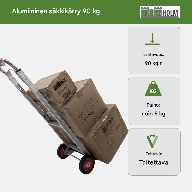 Taitettava alumiininen säkkikärry 90 kg, teleskooppirunko, 5 kg, EVA-pyörät