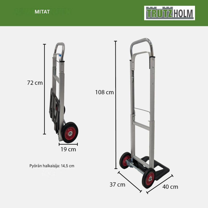 Taitettava alumiininen säkkikärry 90 kg, teleskooppirunko, 5 kg, EVA-pyörät