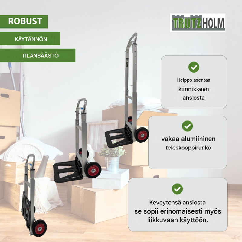 Taitettava alumiininen säkkikärry 90 kg, teleskooppirunko, 5 kg, EVA-pyörät
