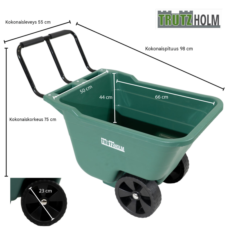 Puutarhakärry 250 kg, 90 l, 98 x 55 x 75 cm, vihreä, 2 x PU-pyörät