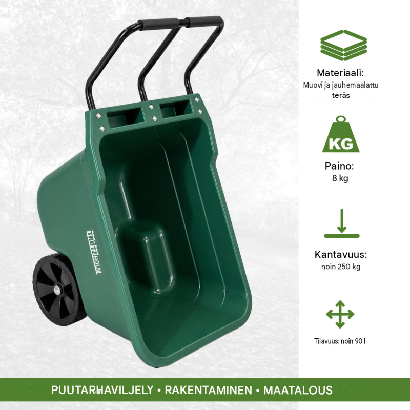 Puutarhakärry 250 kg, 90 l, 98 x 55 x 75 cm, vihreä, 2 x PU-pyörät