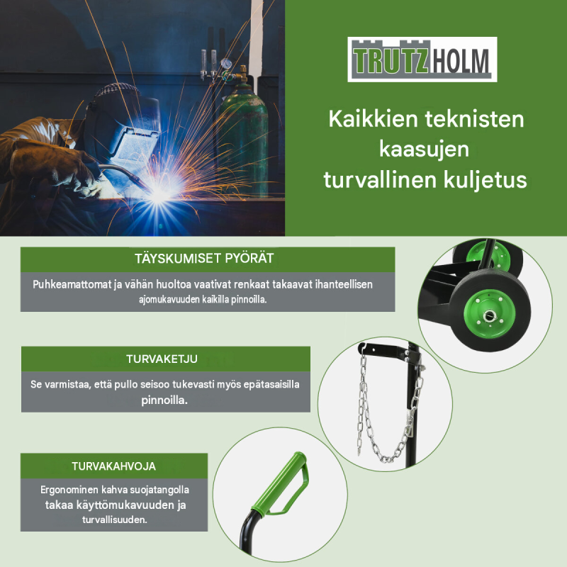 Kaasupullokärry teknisille kaasuille, 100 kg, kiinnitysketju, täyskumapyörät, musta teräs