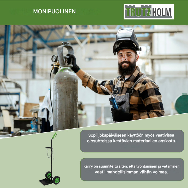 Kaasupullokärry teknisille kaasuille, 100 kg, kiinnitysketju, täyskumapyörät, musta teräs