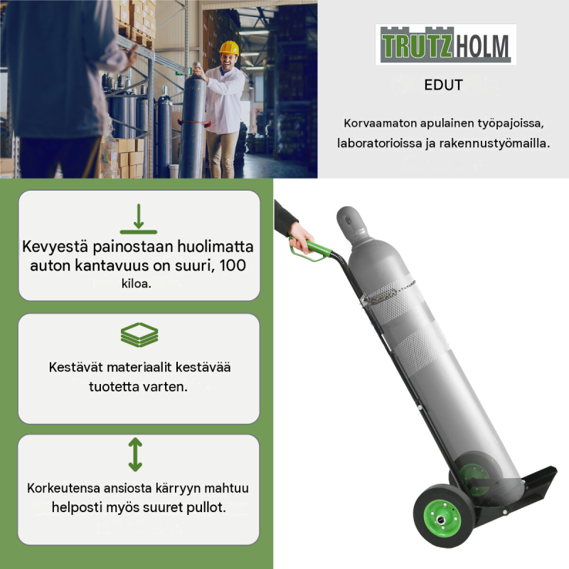 Kaasupullokärry teknisille kaasuille, 100 kg, kiinnitysketju, täyskumapyörät, musta teräs