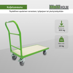 Tasokärry 500 kg, 96 x 49 cm lastaustaso, 2 jarrullista kääntyvää pyörää, vihreä