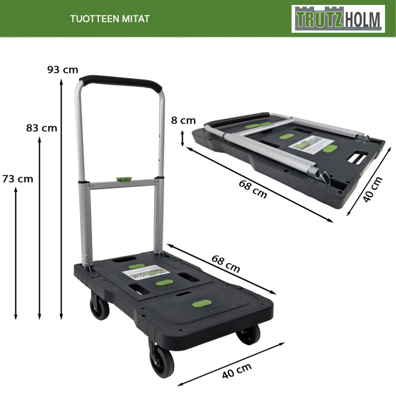 TRUTZHOLM taitettava tasovaunu 150 kg, säädettävä kahva, täyskumipyörät, 680 x 400 mm