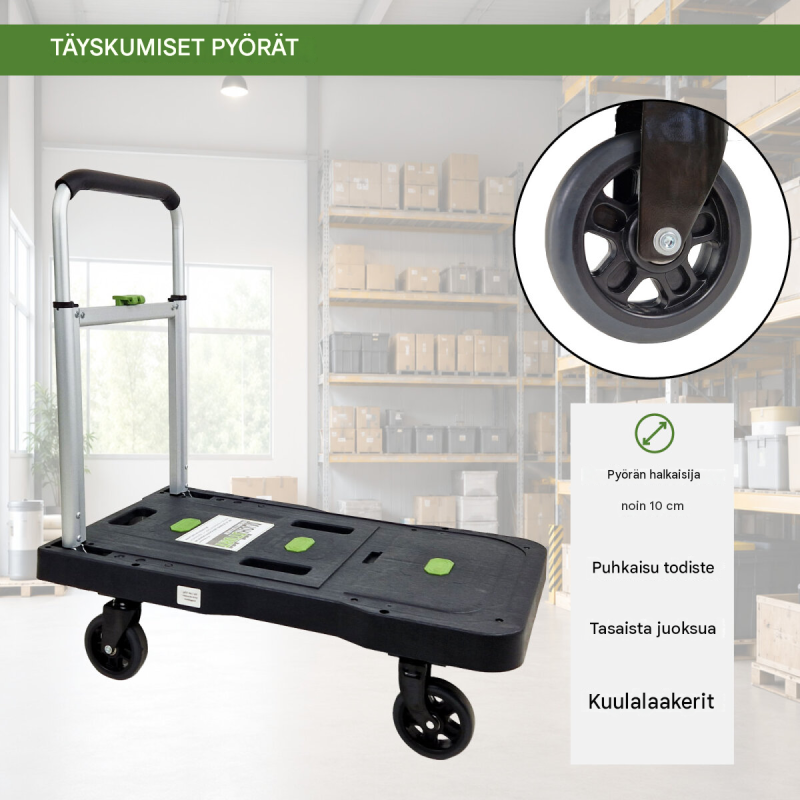 TRUTZHOLM taitettava tasovaunu 150 kg, säädettävä kahva, täyskumipyörät, 680 x 400 mm