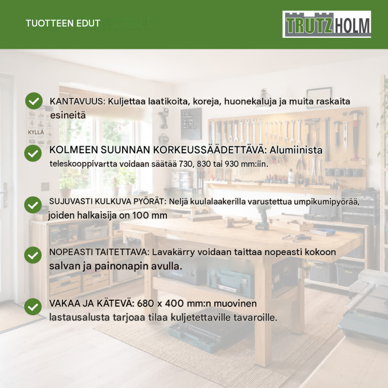 TRUTZHOLM taitettava tasovaunu 150 kg, säädettävä kahva, täyskumipyörät, 680 x 400 mm