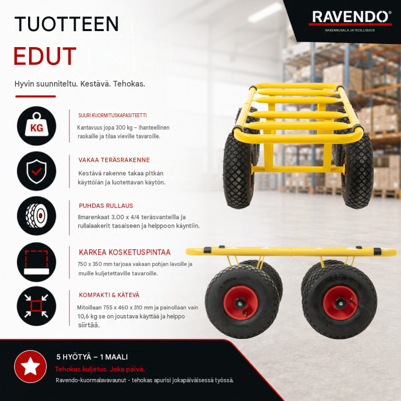 Ravendo levynkuljetusvaunu, 300 kg, teräs, keltainen, ilmarenkaat