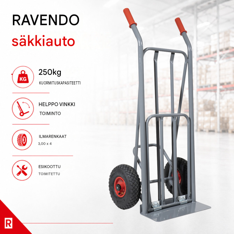 Ravendo nokkakärry 250 kg, harmaa teräs, Easy-Tip, ilmakumit, 2 taittuvaa tasoa