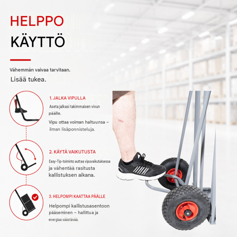 Ravendo nokkakärry 250 kg, harmaa teräs, Easy-Tip, ilmakumit, 2 taittuvaa tasoa