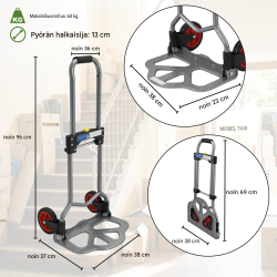 Kokoontaitettava nokkakärry, korkeussäädettävä, 60 kg, teräs ja alumiini
