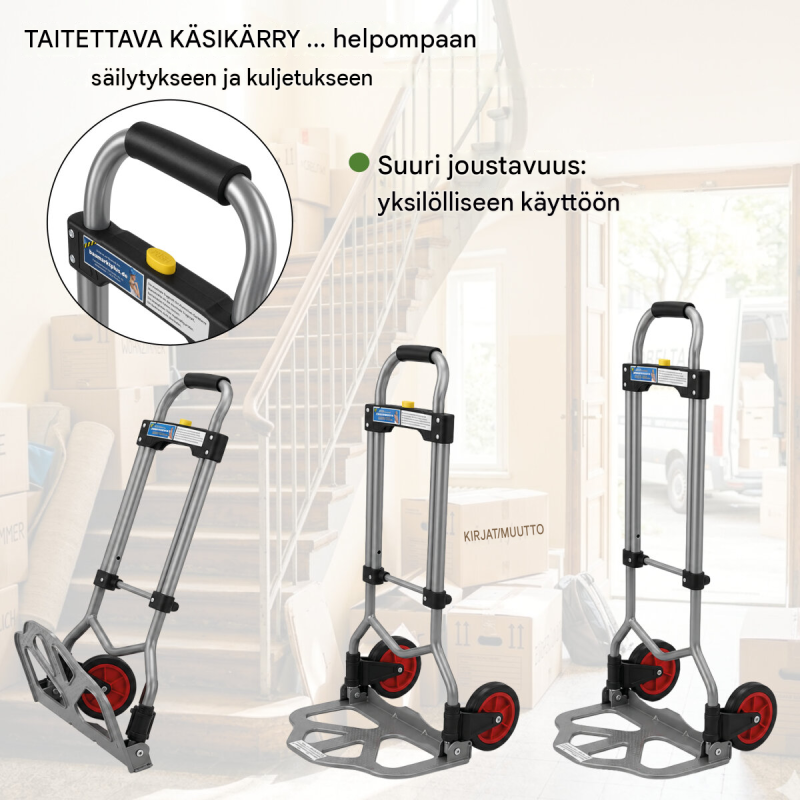 Kokoontaitettava nokkakärry, korkeussäädettävä, 60 kg, teräs ja alumiini