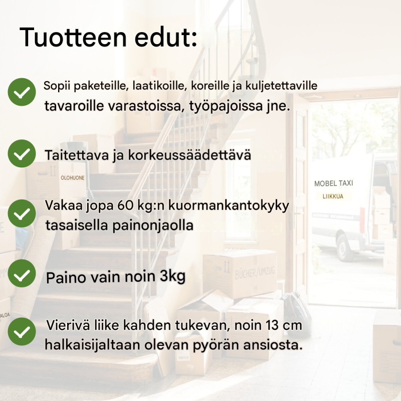 Kokoontaitettava nokkakärry, korkeussäädettävä, 60 kg, teräs ja alumiini