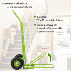 Taitettava säkkikärry 2 alustalla, 200 kg, vihreä teräsputkirunko