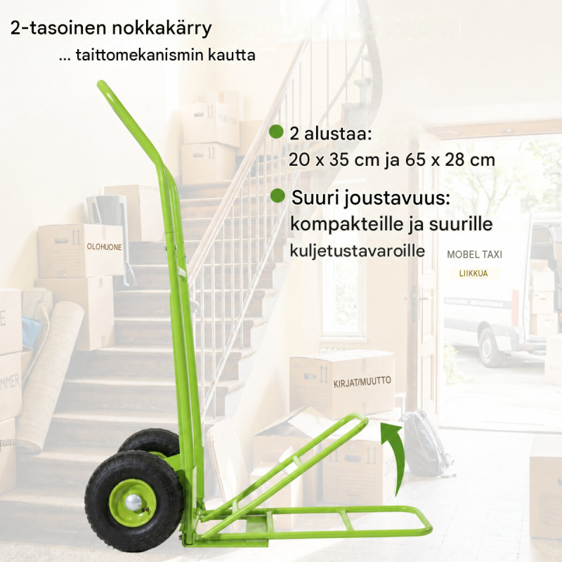 Taitettava säkkikärry 2 alustalla, 200 kg, vihreä teräsputkirunko