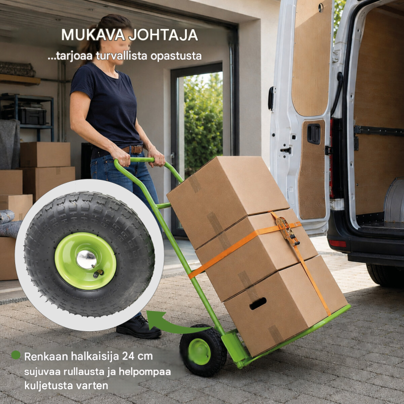 Taitettava säkkikärry 2 alustalla, 200 kg, vihreä teräsputkirunko