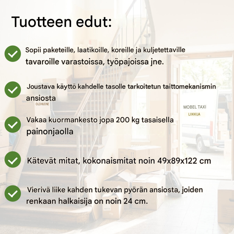 Taitettava säkkikärry 2 alustalla, 200 kg, vihreä teräsputkirunko