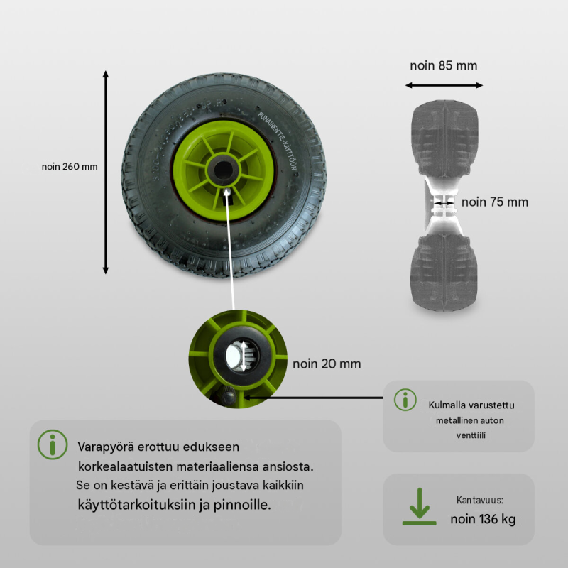 Säkkikärryn pyörä ilmakumirenkaalla 260x85 mm, 3.00-4, 4PR, muovivanne, 120 kg