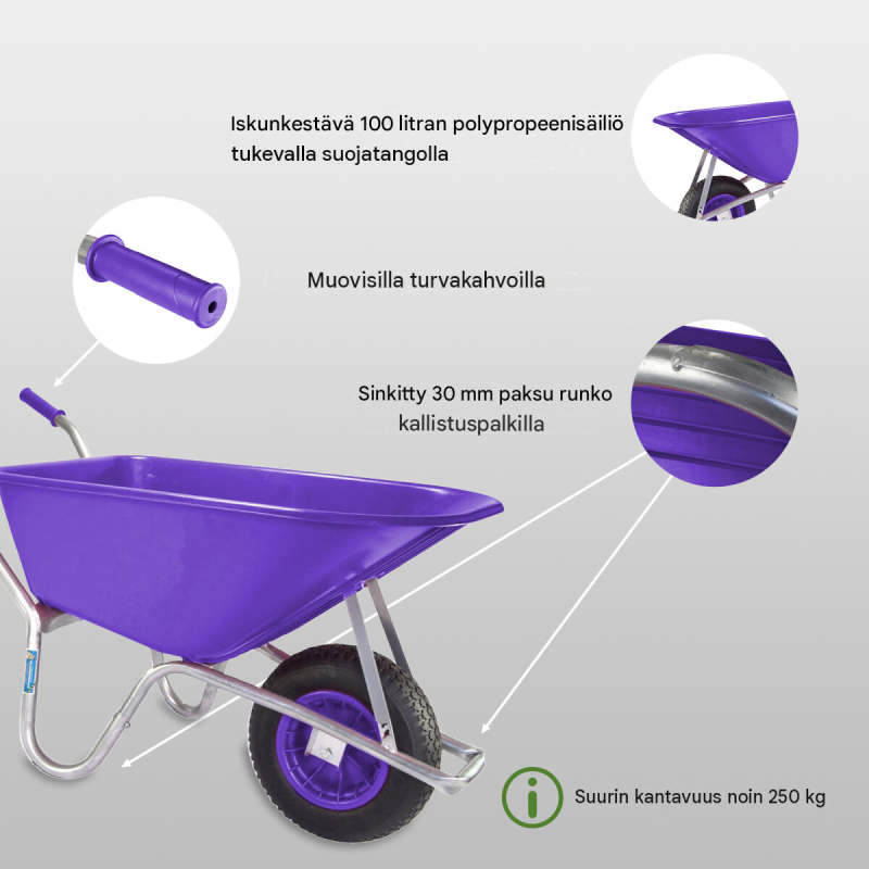Kottikärryt 100 l, violetti polypropeenikaukalo, 250 kg, 4.00-8 ilmarengas