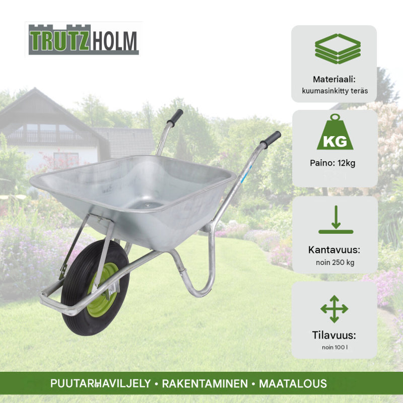 Kottikärry 100 l, 250 kg, sinkitty teräskaukalo, puhkeamaton täyskumirengas