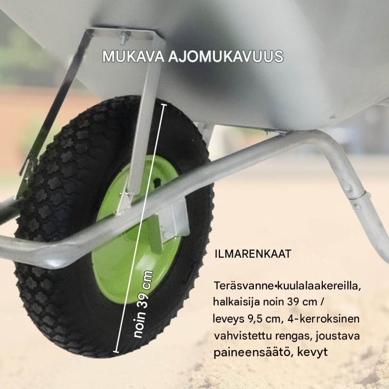 Kottikärry 100 l, sinkitty teräs, 250 kg, 4.00-8-ilmakumipyörä, 123 x 60 x 49 cm