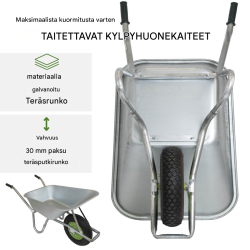 Kottikärry 100 l, sinkitty teräs, 250 kg, 4.00-8-ilmakumipyörä, 123 x 60 x 49 cm