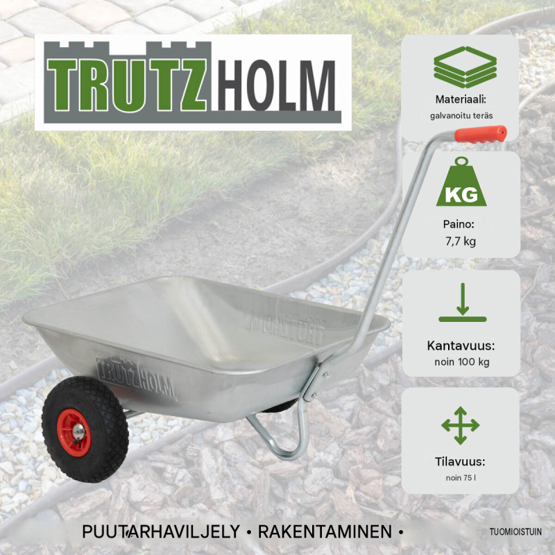 TRUTZHOLM-kottikärry, 100 kg, 75 l, 2 PU-pyörää, sinkitty teräsrunko