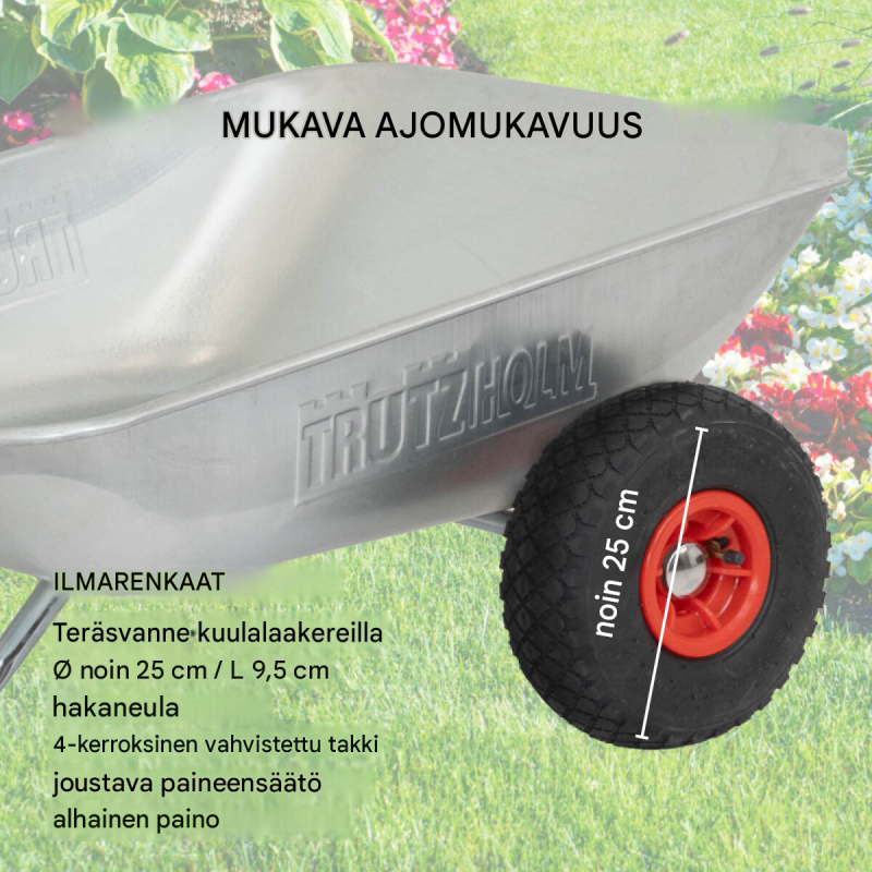 TRUTZHOLM-kottikärry, 100 kg, 75 l, 2 PU-pyörää, sinkitty teräsrunko