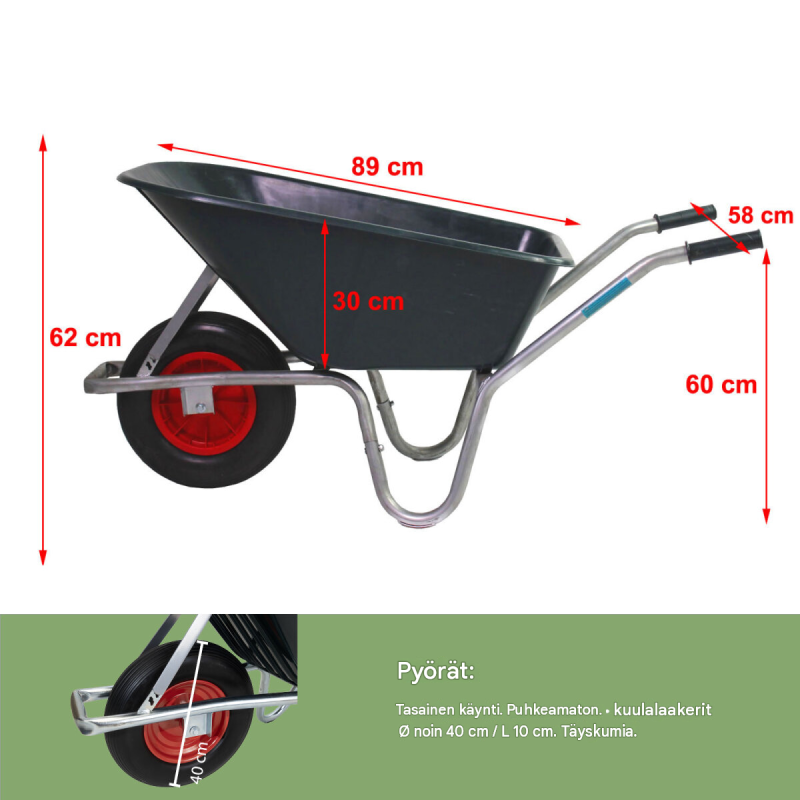 Kottikärry 100 l, polypropeenikaukalo, 250 kg, puhkeamaton PU-pyörä
