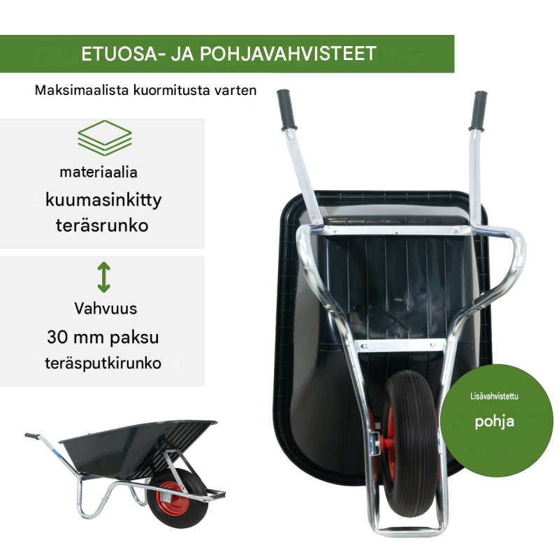 Kottikärry 100 l, polypropeenikaukalo, 250 kg, puhkeamaton PU-pyörä