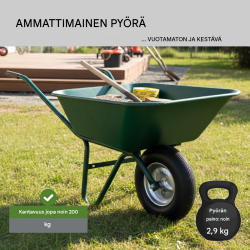 Kottikärryn rengas 4.80/4.00-8, puhkeamaton, musta PU-vaahto, teräsvanne, akseli, 200 kg