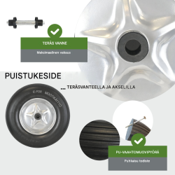 Kottikärryn rengas 4.80/4.00-8, puhkeamaton, musta PU-vaahto, teräsvanne, akseli, 200 kg