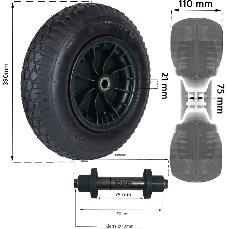 Kottikärryn varapyörä 4.80/4.00-8, akseli, 4PR, vihreä muovivanne, 200 kg