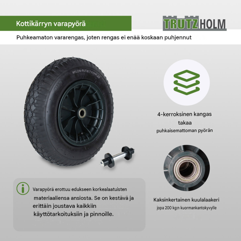 Kottikärryn varapyörä 4.80/4.00-8, akseli, 4PR, vihreä muovivanne, 200 kg