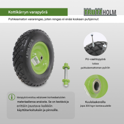 Kottikärryn pyörä 4.80/4.00-8, PU-vaahto, vihreä teräsvanne, akseli, 400 mm, 200 kg
