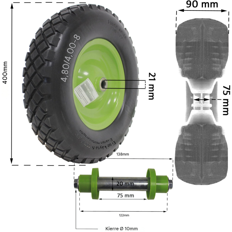 Kottikärryn pyörä 4.80/4.00-8, PU-vaahto, vihreä teräsvanne, akseli, 400 mm, 200 kg