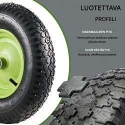 Kottikärryn pyörä 4.80/4.00-8, 40 cm, vihreä metallivanne, akseli, 200 kg