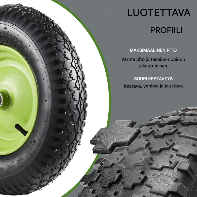 Kottikärryn pyörä 4.80/4.00-8, 40 cm, vihreä metallivanne, akseli, 200 kg