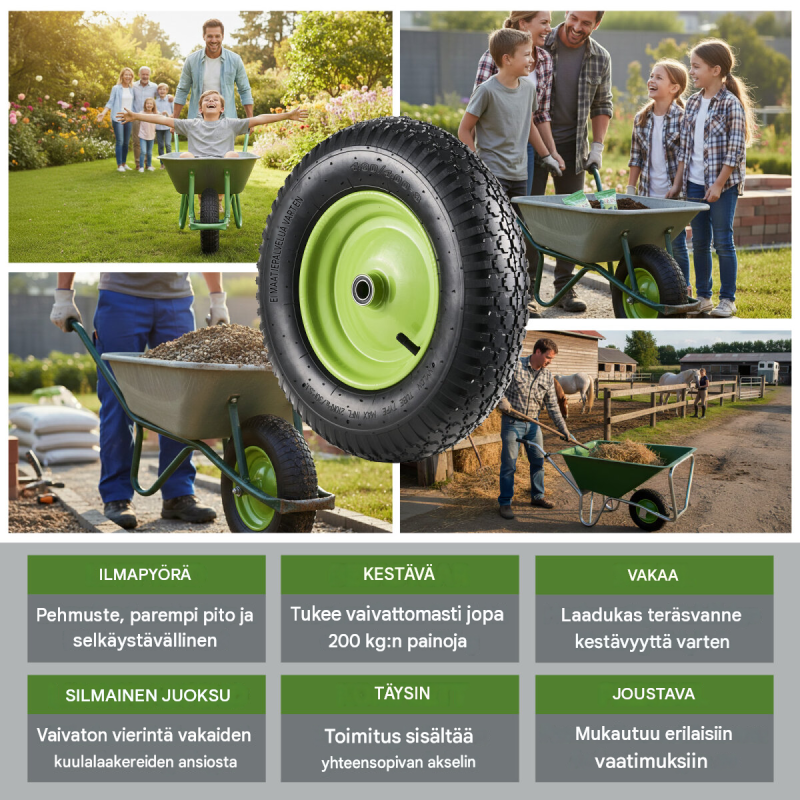 Kottikärryn pyörä 4.80/4.00-8, 40 cm, vihreä metallivanne, akseli, 200 kg