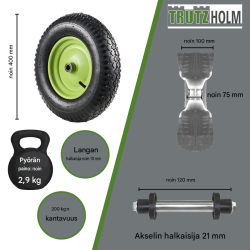 Kottikärryn pyörä 4.80/4.00-8, 40 cm, vihreä metallivanne, akseli, 200 kg