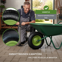 Kottikärryn pyörä 4.80/4.00-8, 40 cm, vihreä metallivanne, akseli, 200 kg