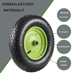 Kottikärryn pyörä 4.80/4.00-8, 40 cm, vihreä metallivanne, akseli, 200 kg