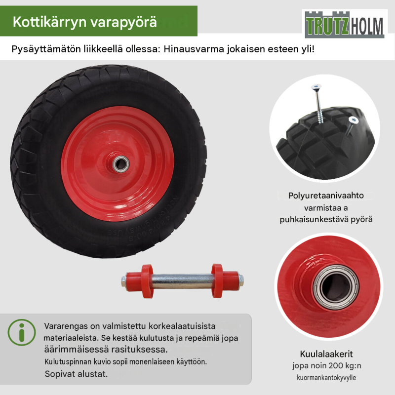 Kottikärryn pyörä 4.80/4.00-8, 390 x 90 mm, teräsvanne, punainen, akseli mukana