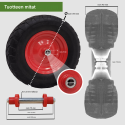 Kottikärryn pyörä 4.80/4.00-8, 390 x 90 mm, teräsvanne, punainen, akseli mukana