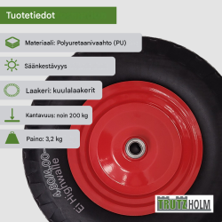 Kottikärryn pyörä 4.80/4.00-8, 390 x 90 mm, teräsvanne, punainen, akseli mukana