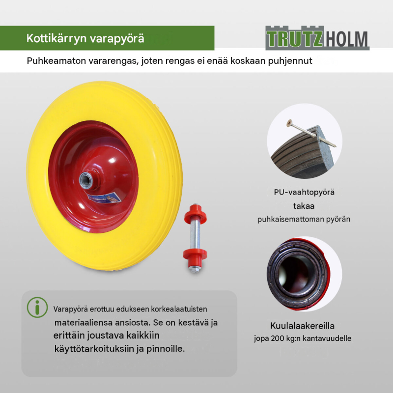 Kottikärryn puhkeamaton pyörä 4.80/4.00-8, PU-vaahto, Ø 400 mm, akseli, 200 kg